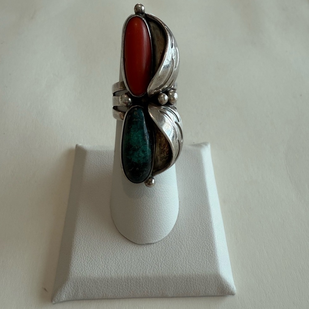 Tony Sanchez Handmade Sterling Silver Turquoise & Coral Leaf Ring Size 5.5 - Picture 2 of 7